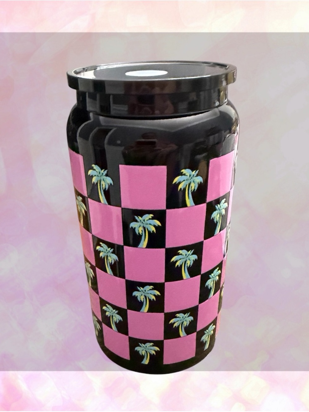 🦄 16oz Retro Checkerboard Stainless Steel Cup | Palm Tree Tumbler